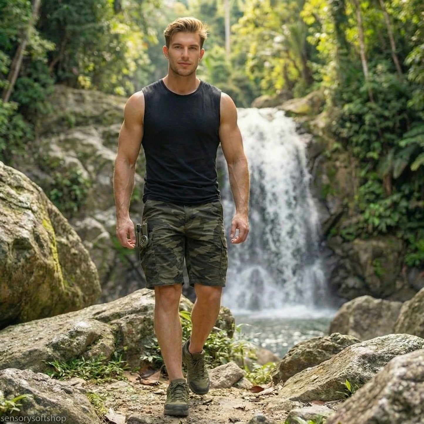 Man walking on a rocky path with a waterfall in the background