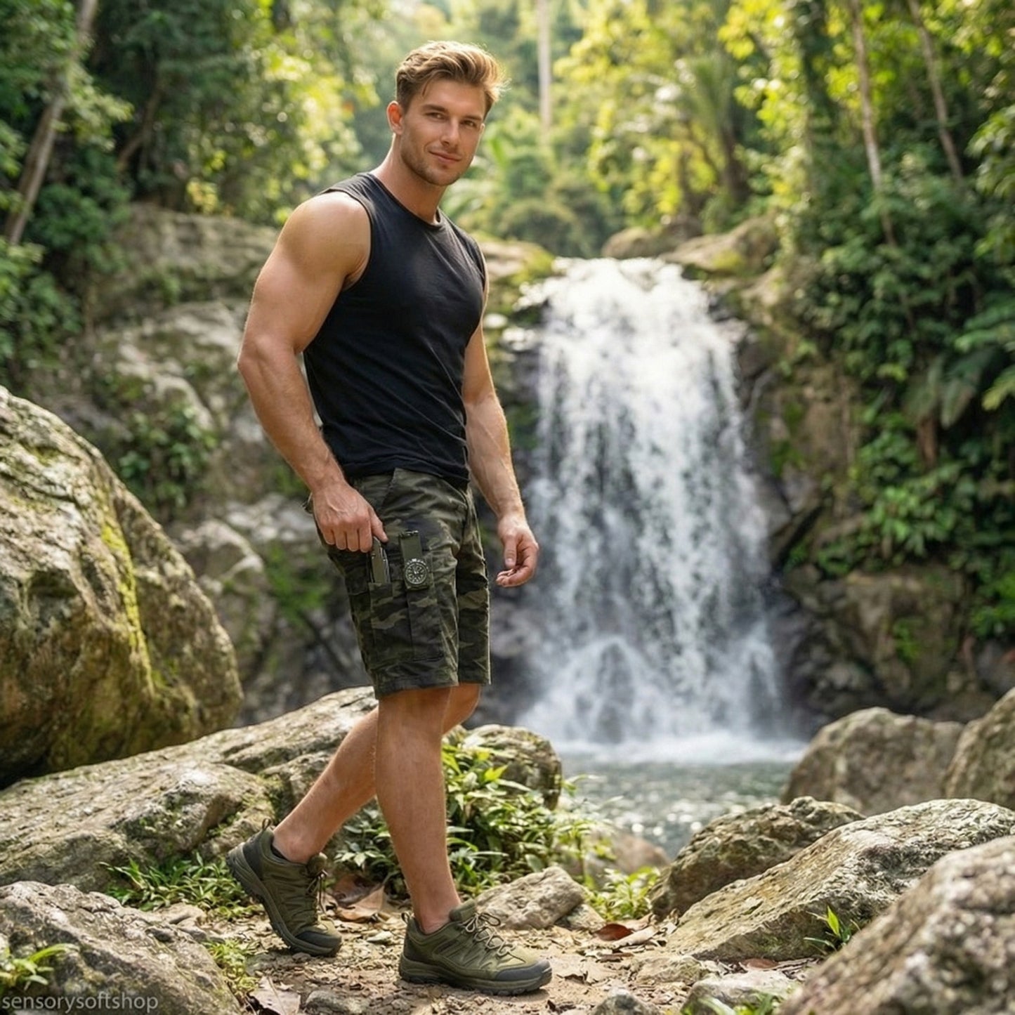 Man standing on rocks with a waterfall in the background