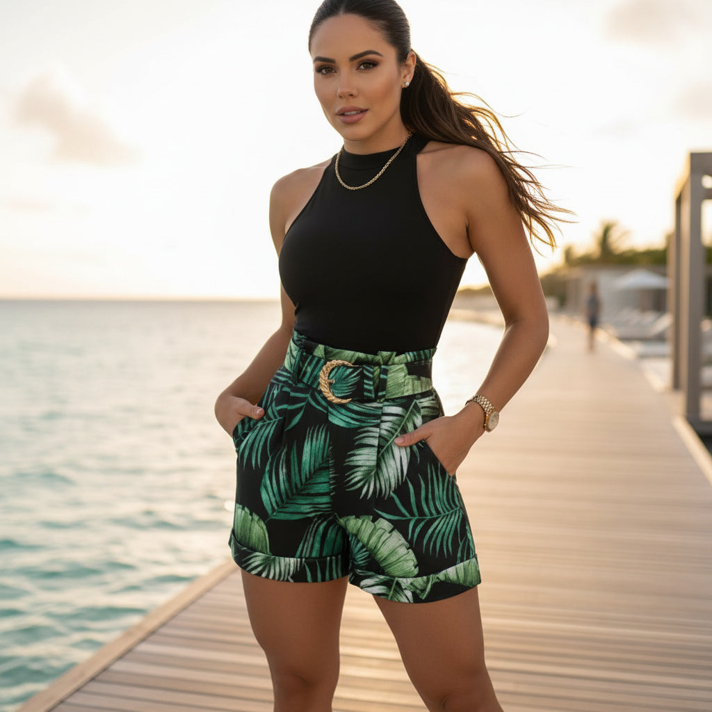 A woman stands on a wooden boardwalk by the ocean wearing a black sleeveless top and high-waisted black shorts with a green tropical leaf print and a gold-tone belt buckle.