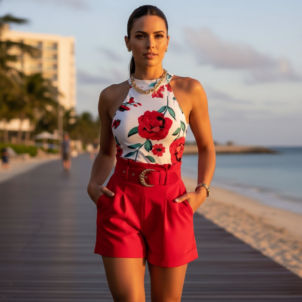 A woman stands on a beach boardwalk wearing a sleeveless white halter top with large red floral print and bright red high-waisted shorts with a red belt.