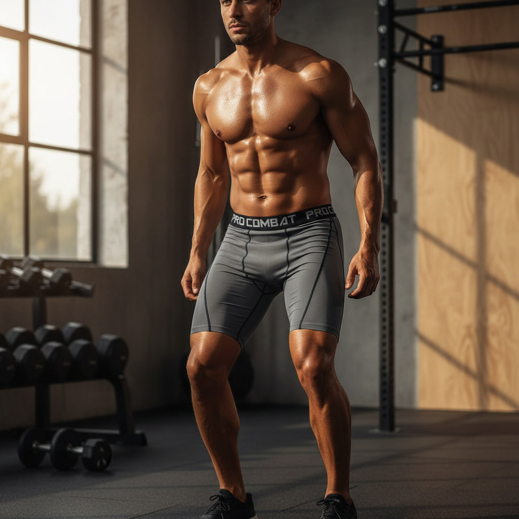 A muscular man in a gym wearing gray compression shorts with a black waistband that reads 'PROCOMBAT PRO'.
