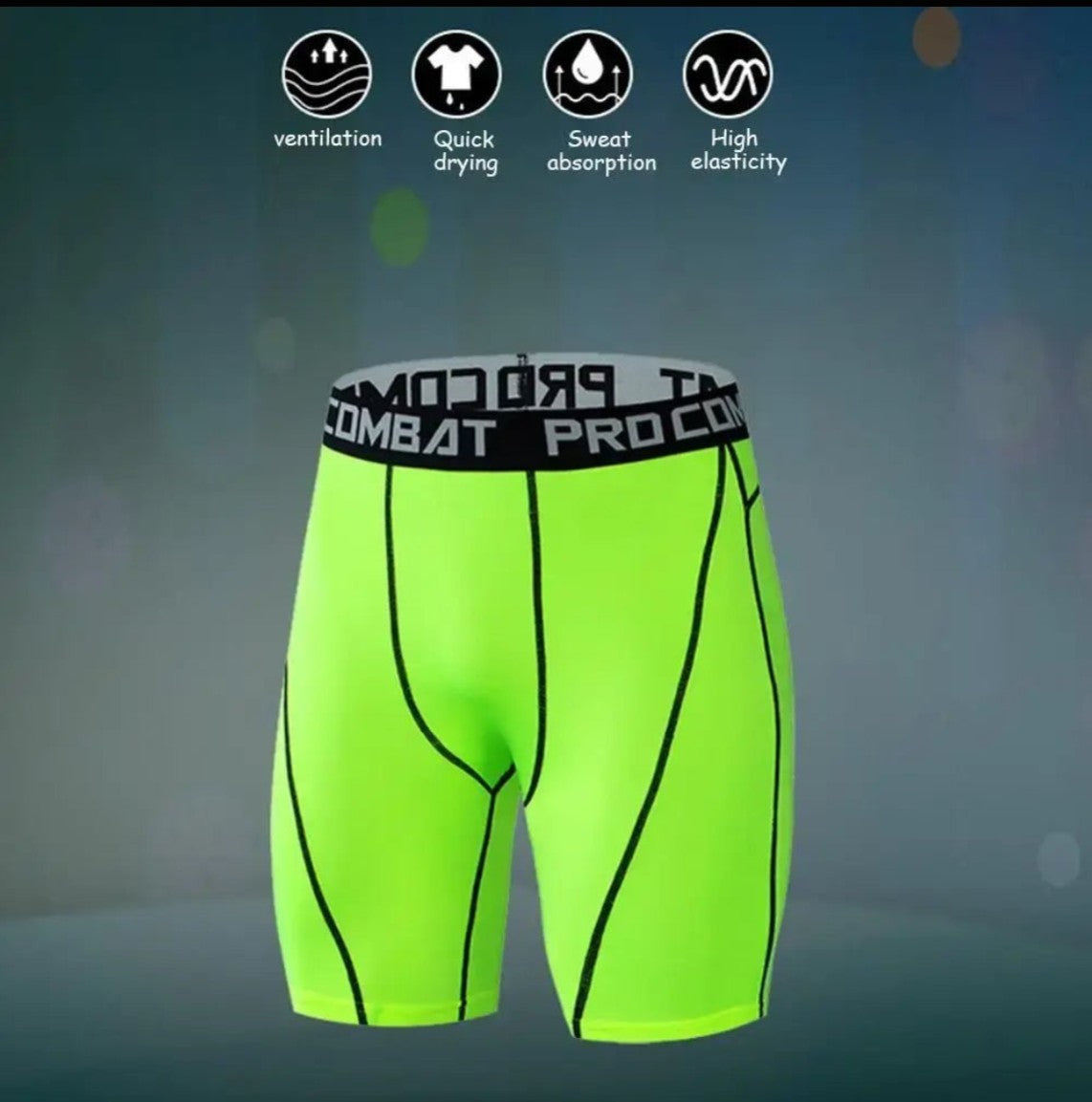 Bright neon green athletic compression shorts with black seam lines and a black waistband featuring white text, shown against a dark blue-gray gradient background with feature icons at the top.