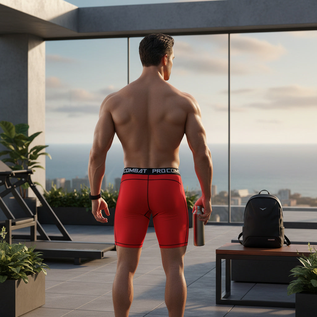 A muscular man viewed from behind on a modern rooftop terrace, wearing bright red athletic boxer briefs with a black waistband that reads 'COMBAT PRO CONT'. He is holding a water bottle, with a black backpack on a bench nearby and an ocean view in the background.