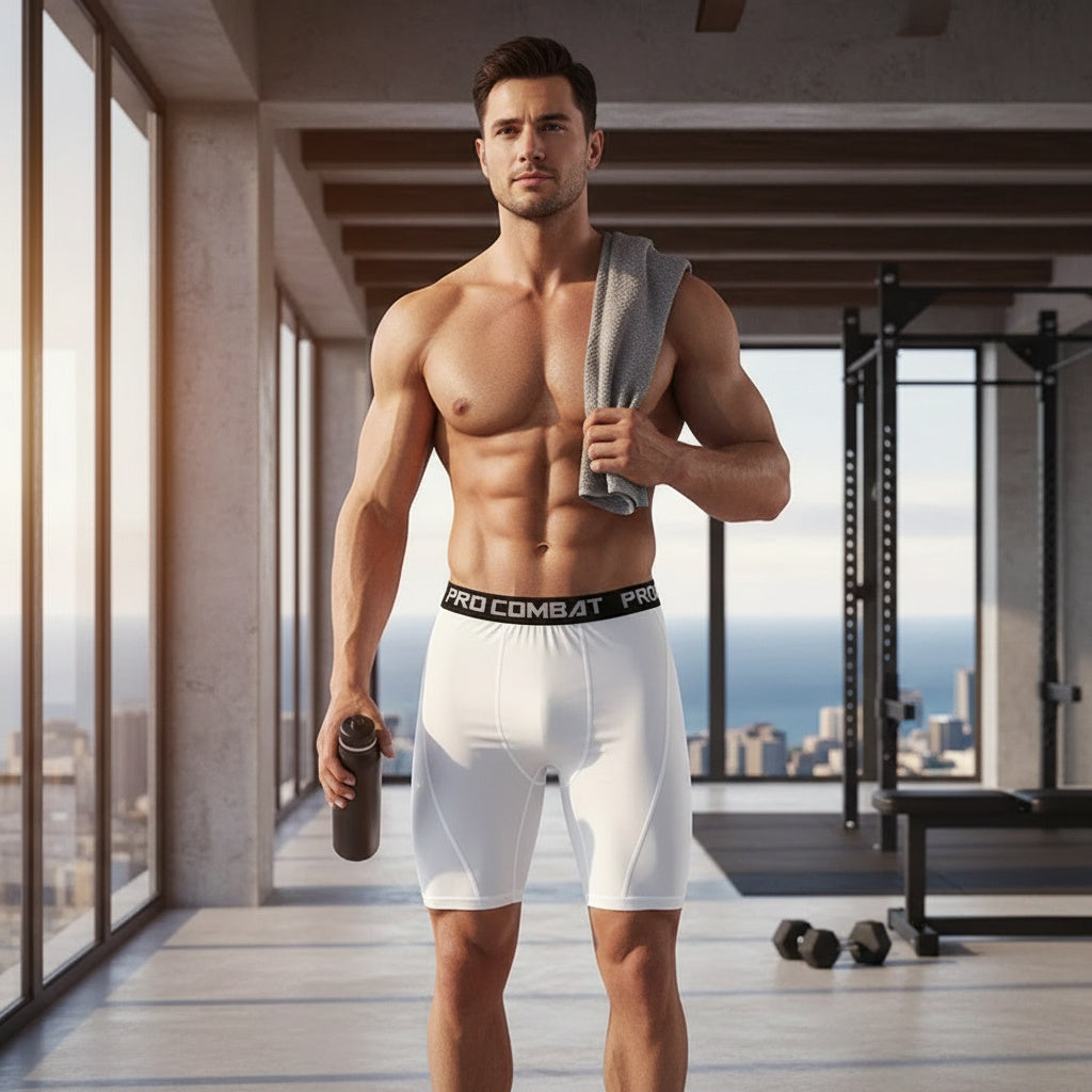 A muscular man stands in a modern gym wearing white compression shorts with a black waistband that reads 'PRO COMBAT PRO'. He has a gray towel over his shoulder and holds a dark bottle, with dumbbells and gym equipment visible in the background.