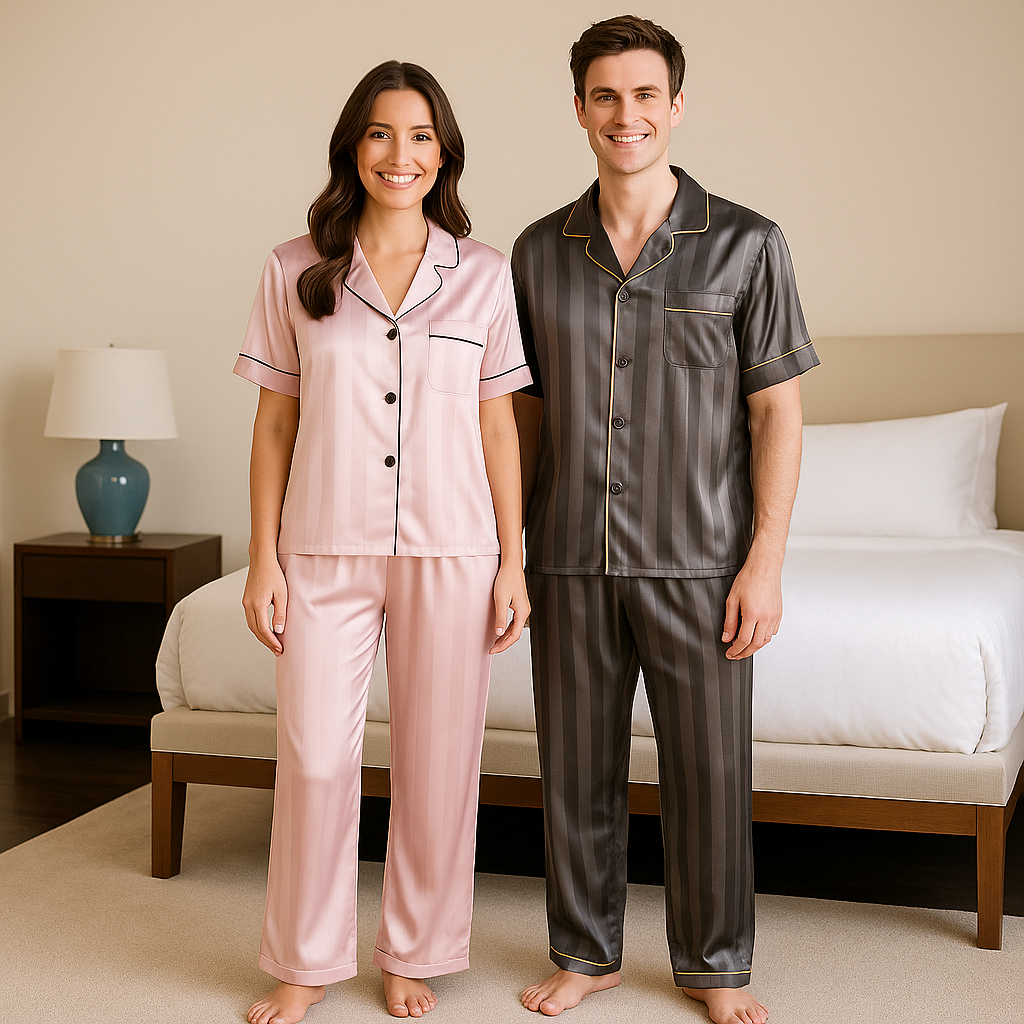 Couples Luxury Silk Pajamas Sets-Pink and Grey