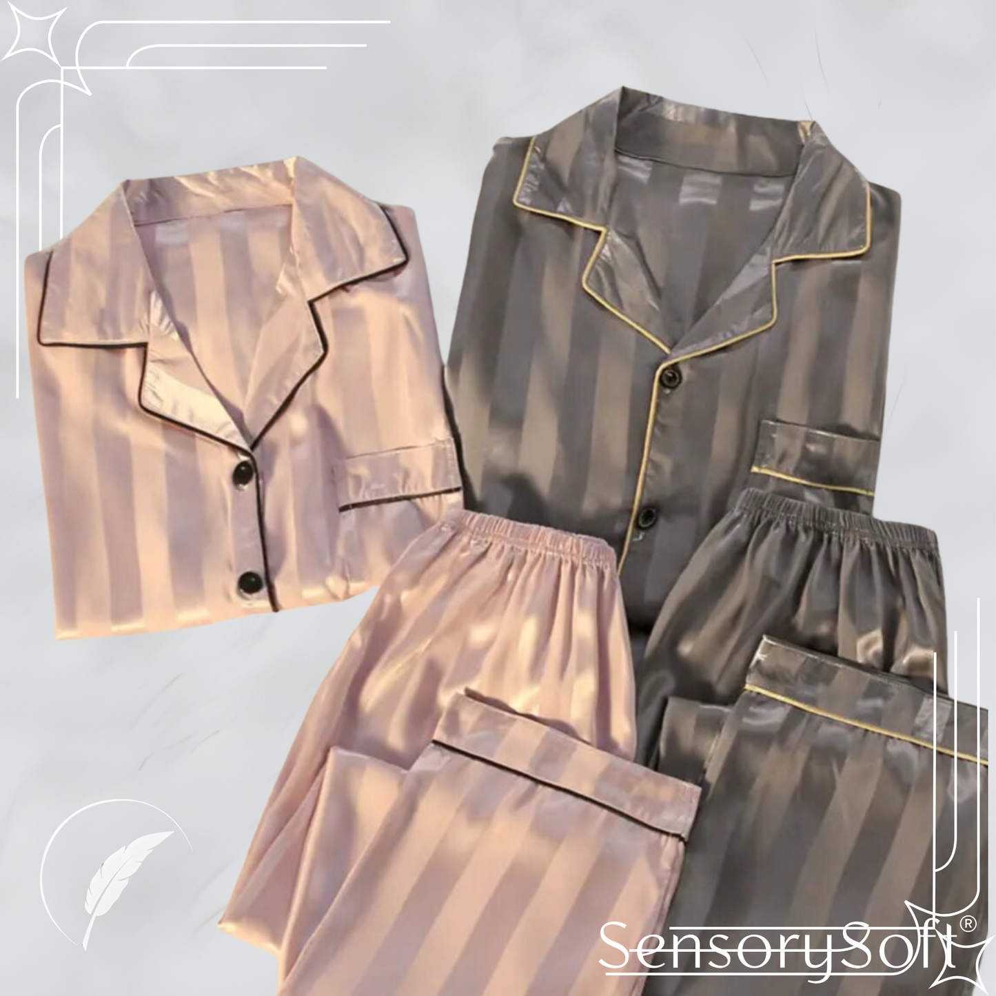 Couples Luxury Silk Pajamas Sets-Pink and Grey