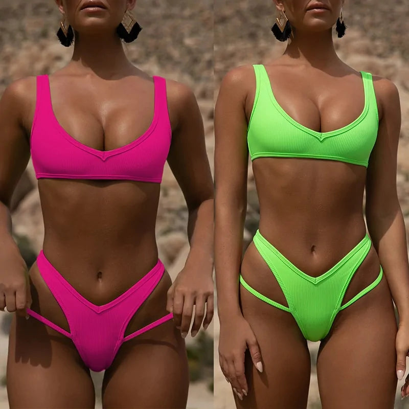 Two-Piece Ribbed Neon Bikini