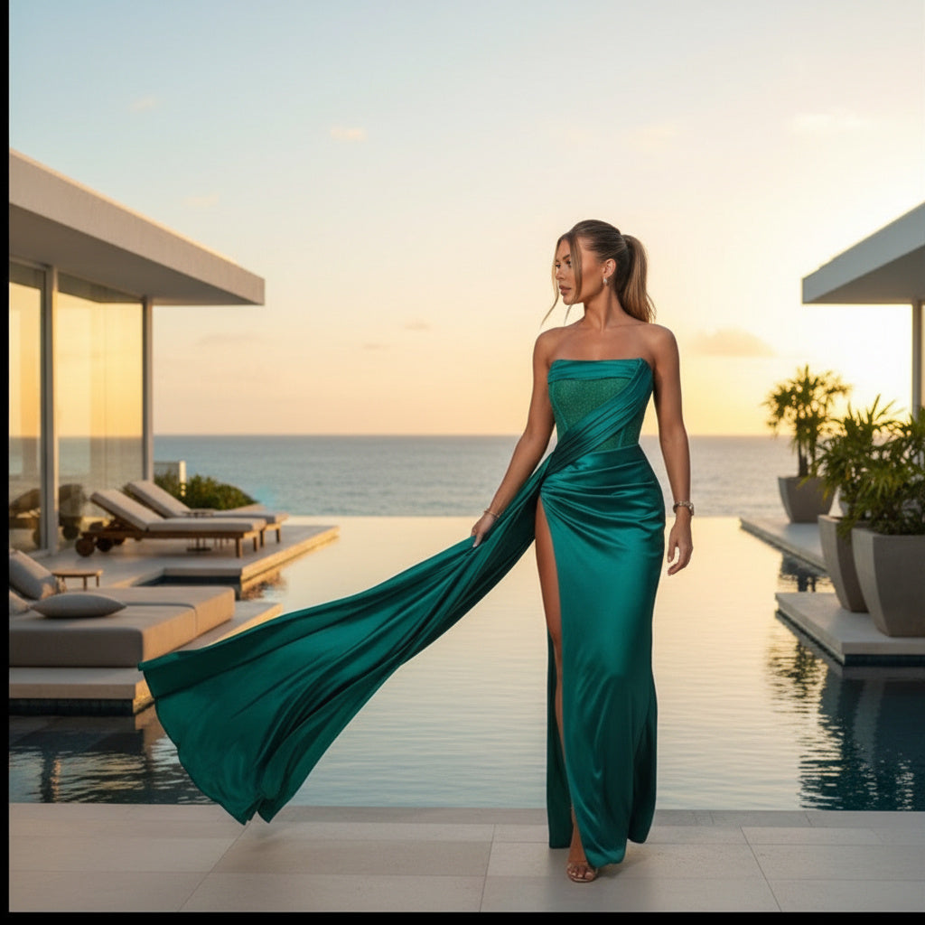 Diamonds High Split Satin Emerald Green Dress