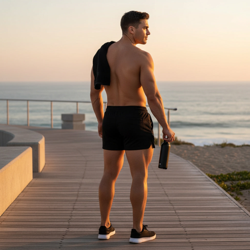A shirtless man standing on a wooden boardwalk by the ocean at sunset, wearing black athletic shorts and black sneakers, with a black towel over his shoulder and a water bottle in his hand.