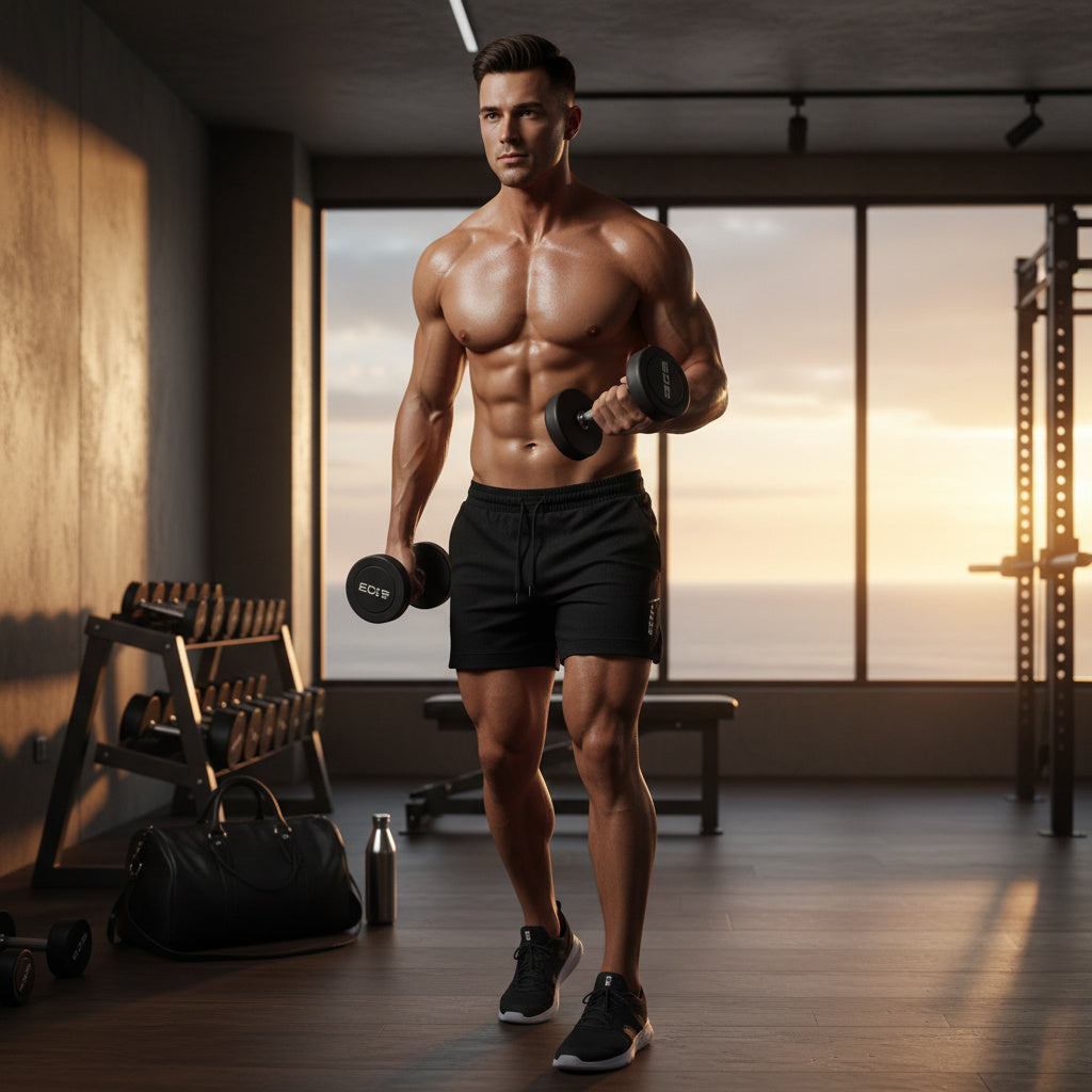 A muscular man in a gym setting, shirtless and wearing black athletic shorts and black sneakers, holding dumbbells. The background features a warm sunset glow coming through large windows, with gym equipment and a duffel bag visible.