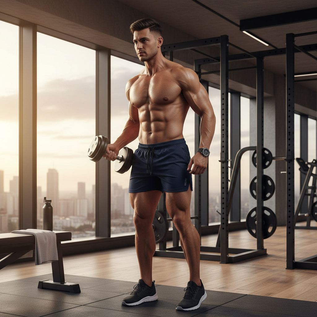 A muscular man in a gym setting, wearing navy blue athletic shorts and black sneakers, holding a dumbbell while standing in front of large windows with a city skyline view.
