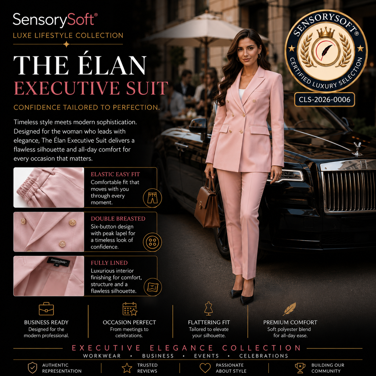 A promotional graphic for SensorySoft The Elan Executive Suit, featuring a model wearing a light pink two-piece suit in front of a black car. The graphic includes product features, fabric details, and a gold certification badge.