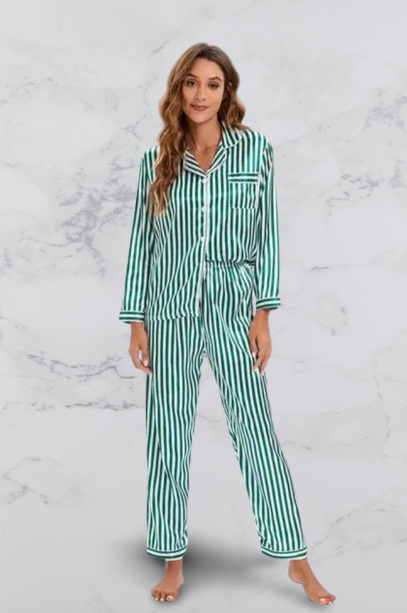 Two Piece Winter Pyjamas in Striped Satin Silk