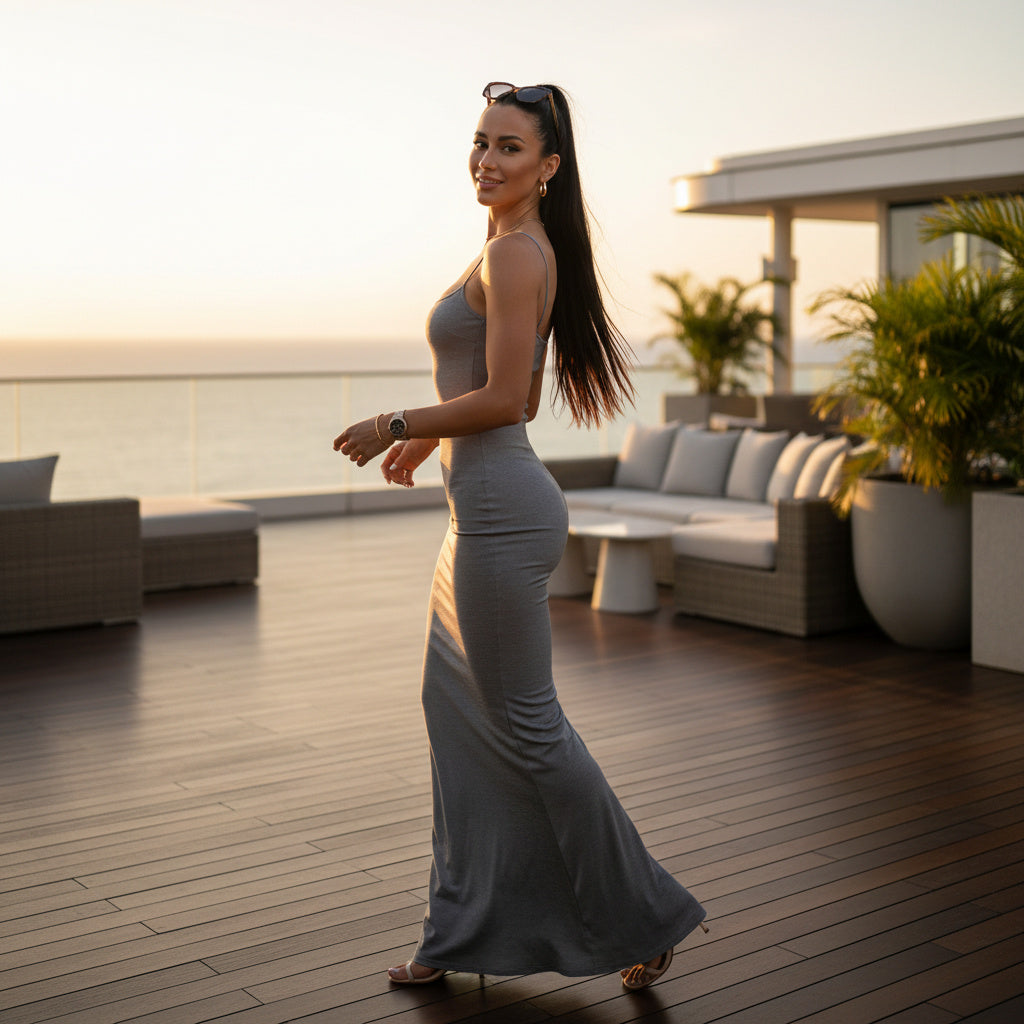 Gray Satin Slip Backless Maxi Dress