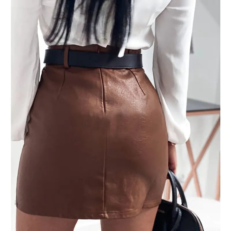 Elegant Rhinestone Leather Skirt