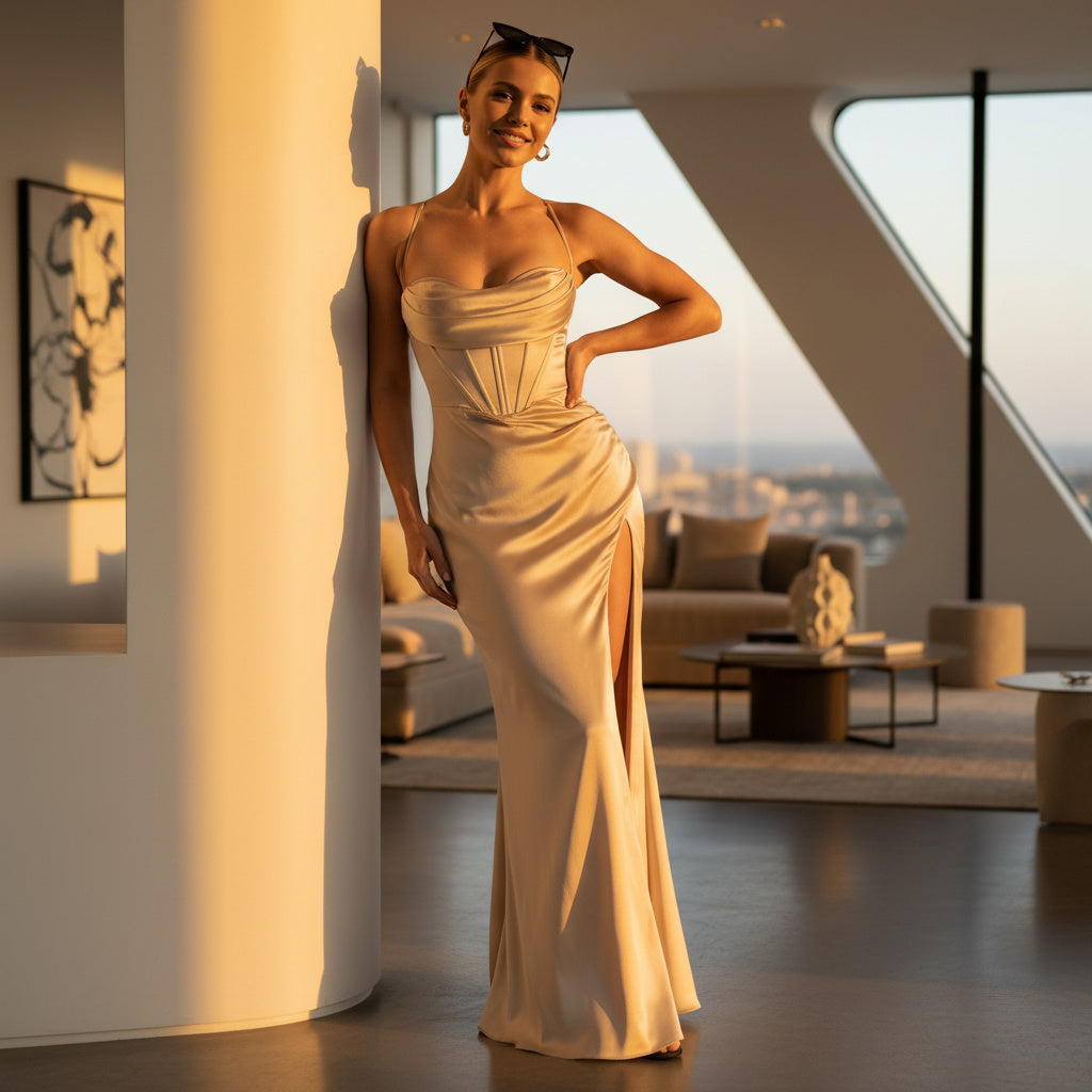 Women's Satin Dress - High Leg Slip and Spaghetti Straps