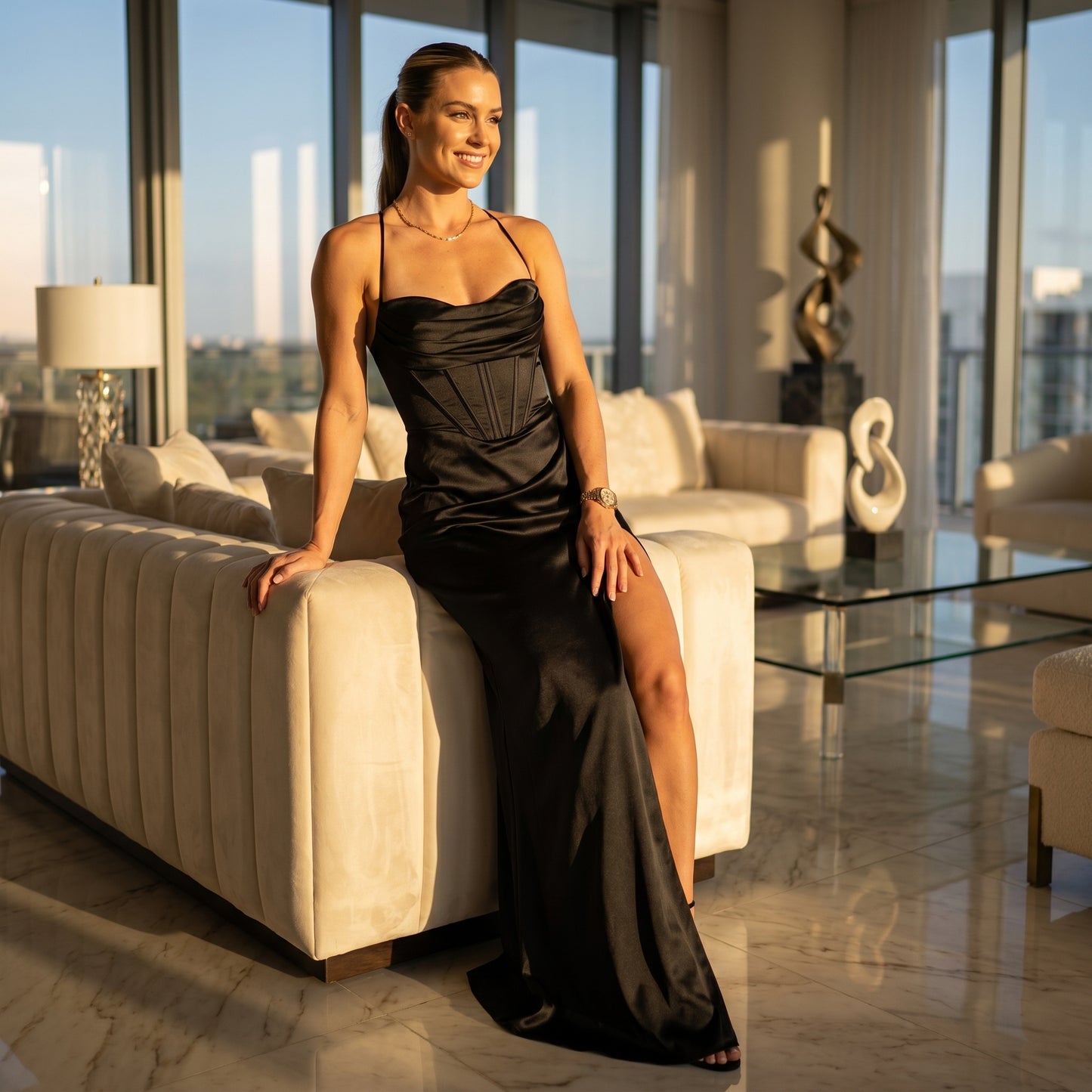 Women's Satin Dress - High Leg Slip and Spaghetti Straps