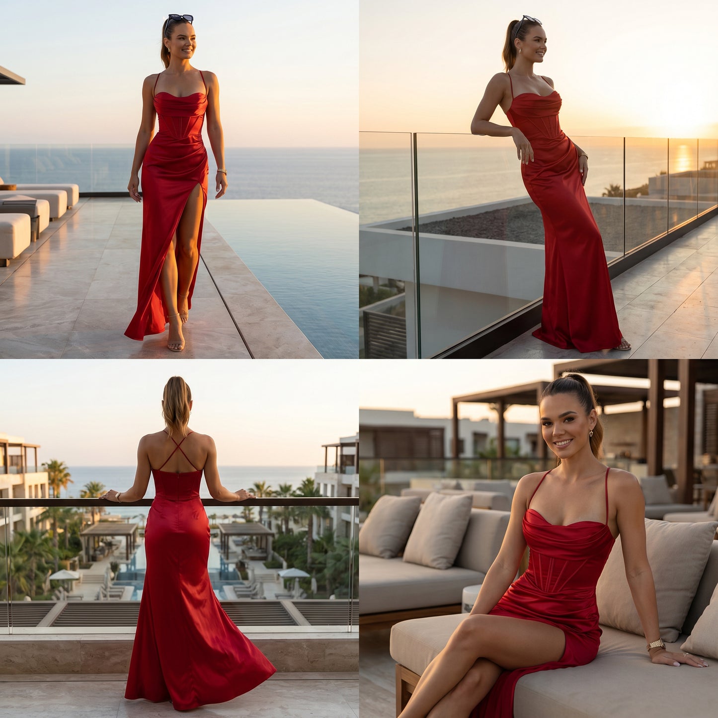 Women's Satin Dress - High Leg Slip and Spaghetti Straps