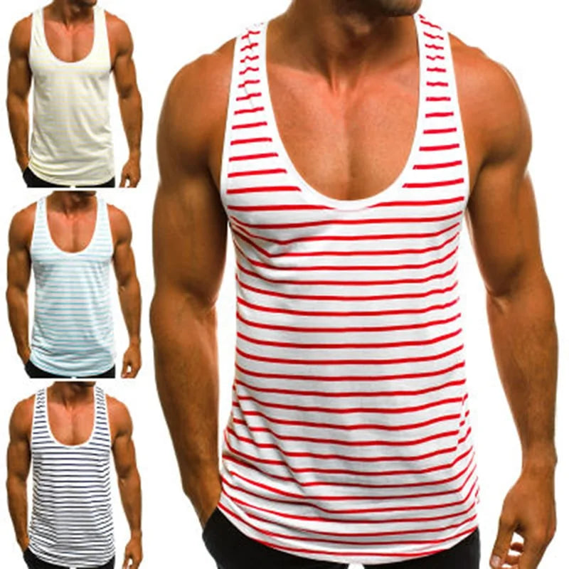 Men's Striped Sleeveless O Neck Tank Tops for Summer Beach and Holidays