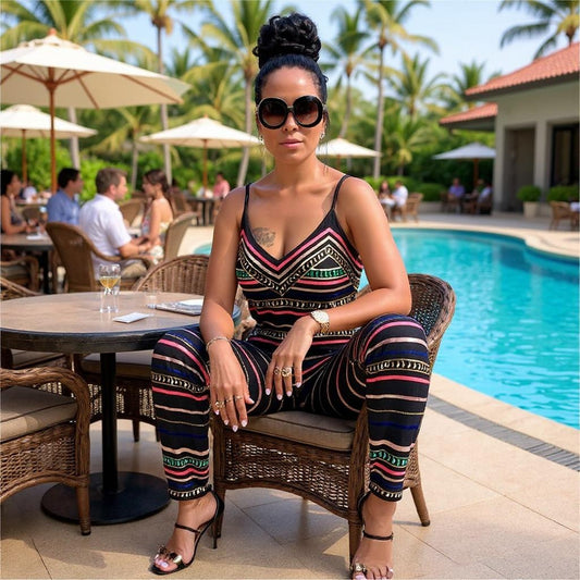Striped Print Sleeveless Backless Jumpsuit