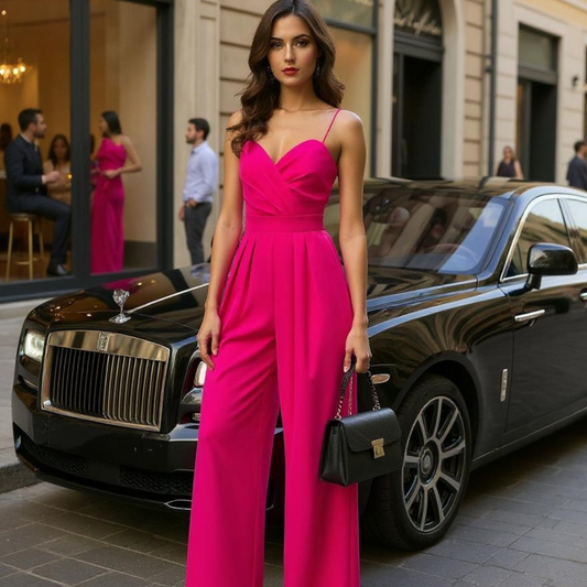 Jumpsuit - Wide Leg Skirt Pants - Casual Bodysuit in Pink and Black