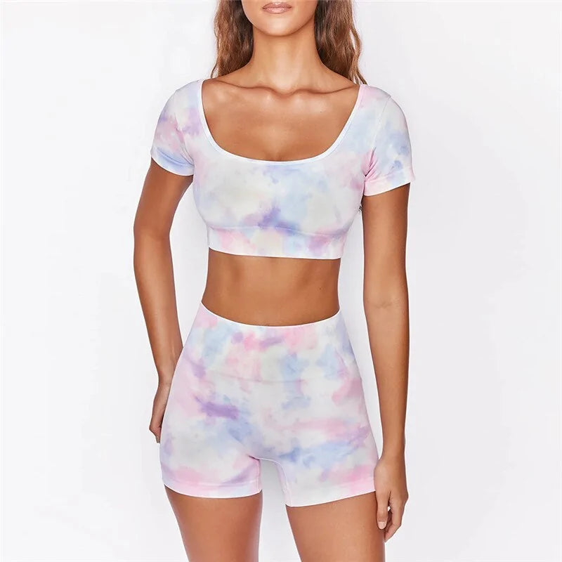 2025 Summer Tie Dye Women's Yoga Set: Short Sleeve Crop Top & High Waist Shorts