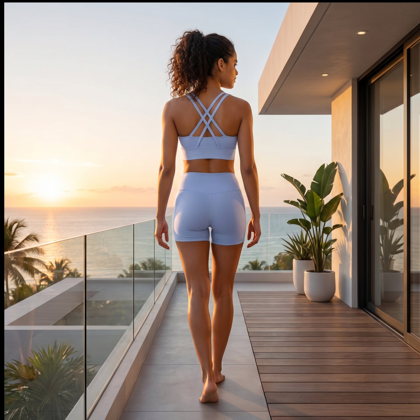 Woman in athletic wear standing on a balcony with a scenic view of the ocean at sunset.