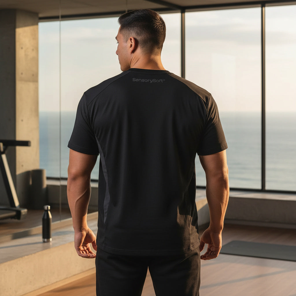 A man viewed from behind wearing a black SensorySport athletic t-shirt with gray side panels, standing in a modern gym with a large window overlooking the ocean.