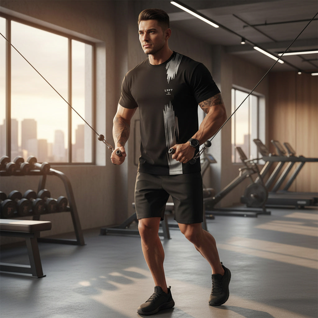 A muscular man in a gym wearing a black t-shirt with a gray graphic print and black shorts, performing a cable pull-through exercise. The gym has large windows with a city skyline at sunset, and other exercise equipment is visible in the background.
