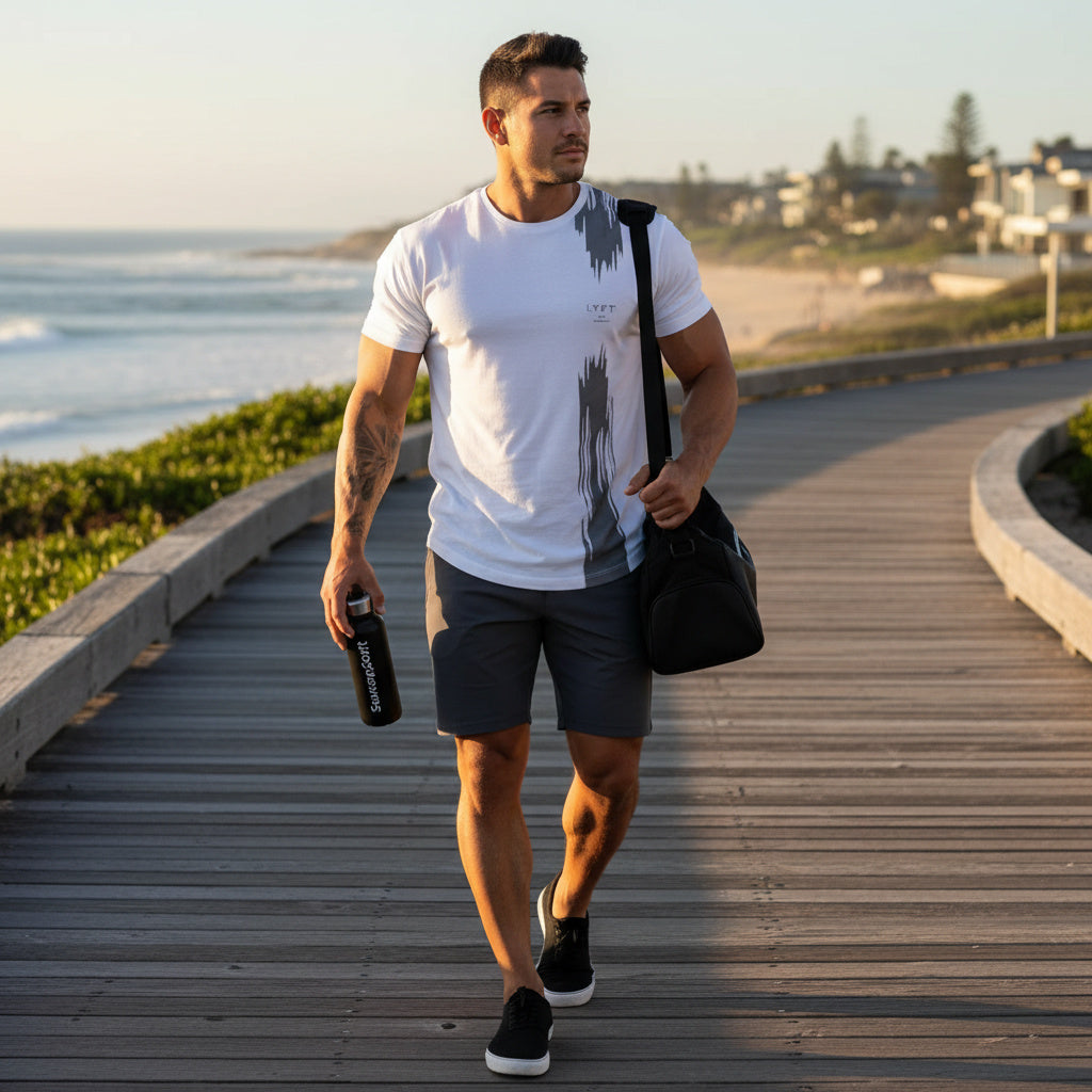 A man walking on a wooden boardwalk by the ocean, wearing a white graphic t-shirt, dark gray athletic shorts, and black sneakers, carrying a black shoulder bag and holding a black water bottle.