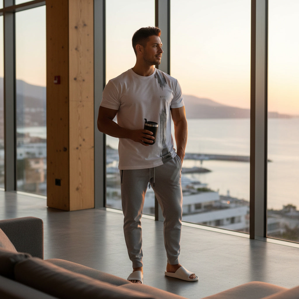 A man stands in a modern room with large floor-to-ceiling windows overlooking water and mountains, wearing a white graphic T-shirt, light gray jogger pants, and white slide sandals while holding a black coffee cup.