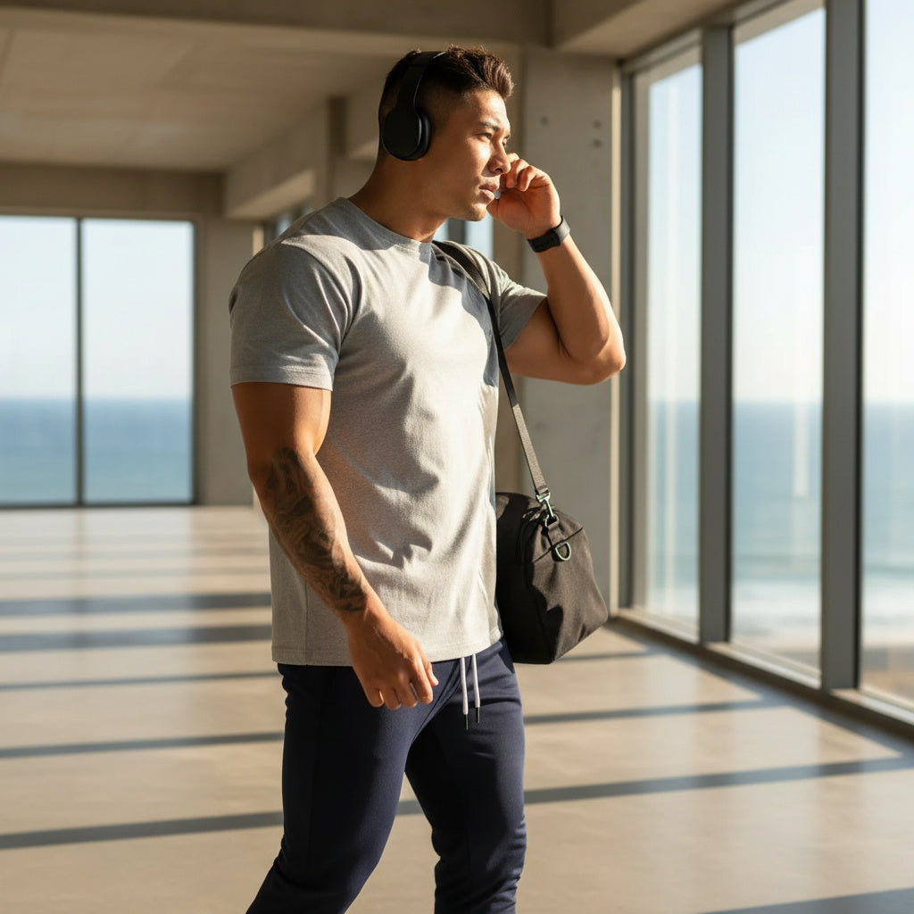 A man in a gym setting wearing a light gray t-shirt, navy sweatpants, and black headphones, carrying a black shoulder bag with a white logo.