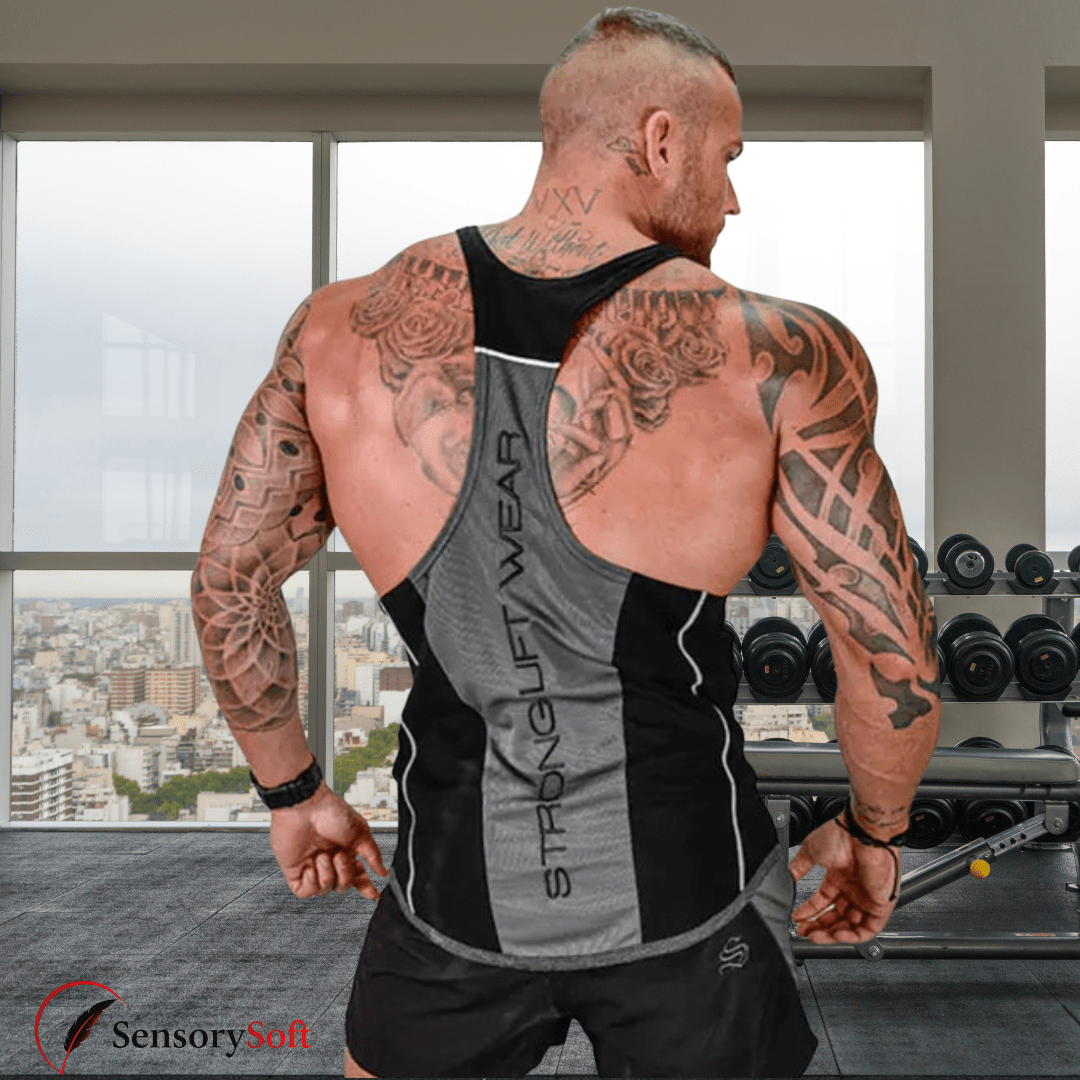 Man wearing a tank top with 'Stronglift Wear' branding in a gym setting