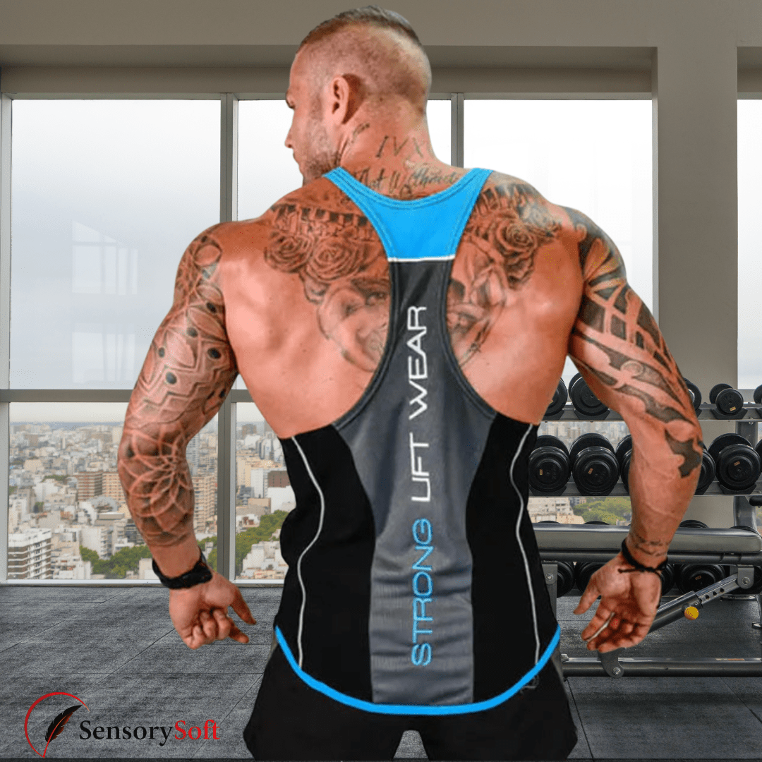 Man wearing a 'Strong Lift Wear' tank top in a gym setting