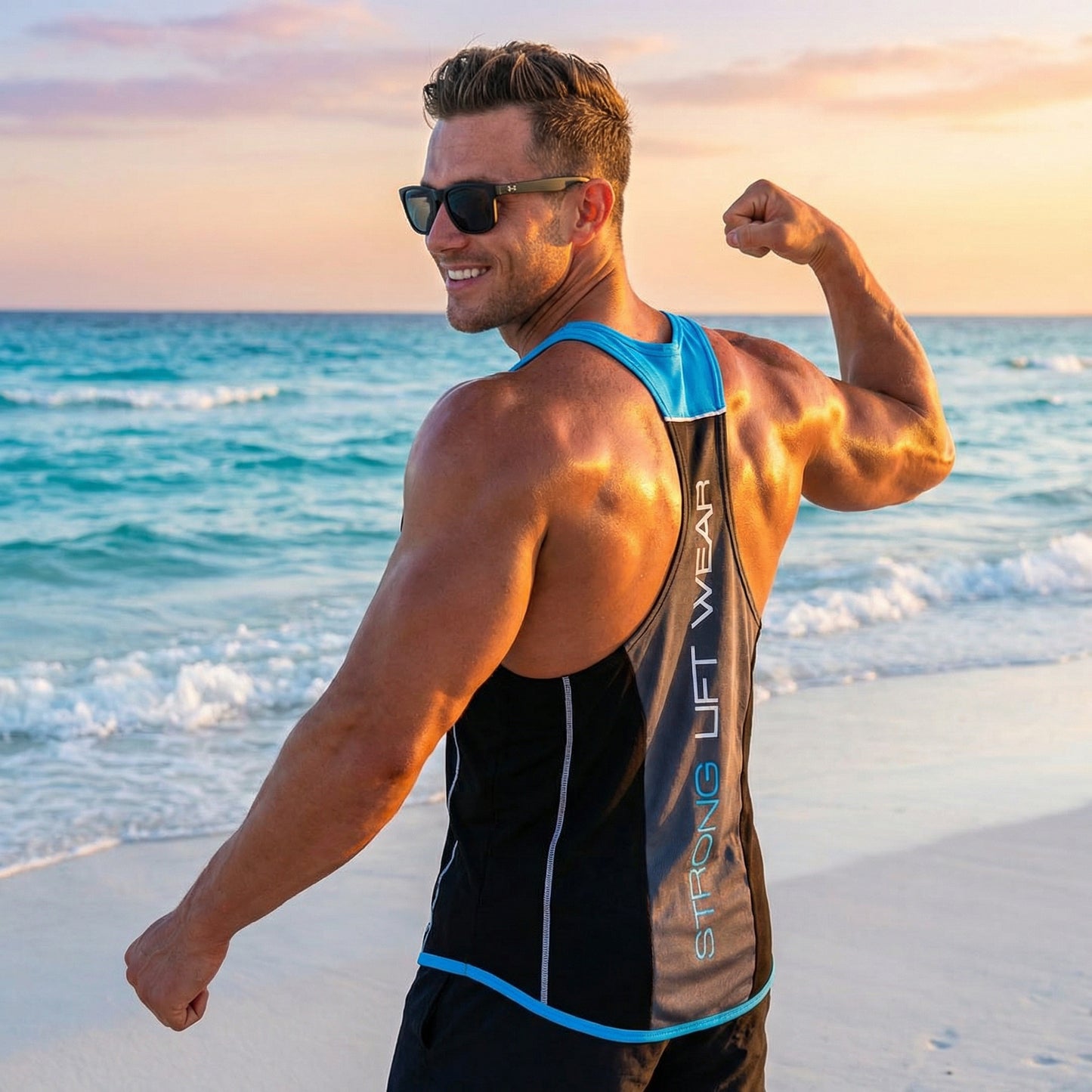 Man flexing his arm on a beach with ocean and sunset in the background