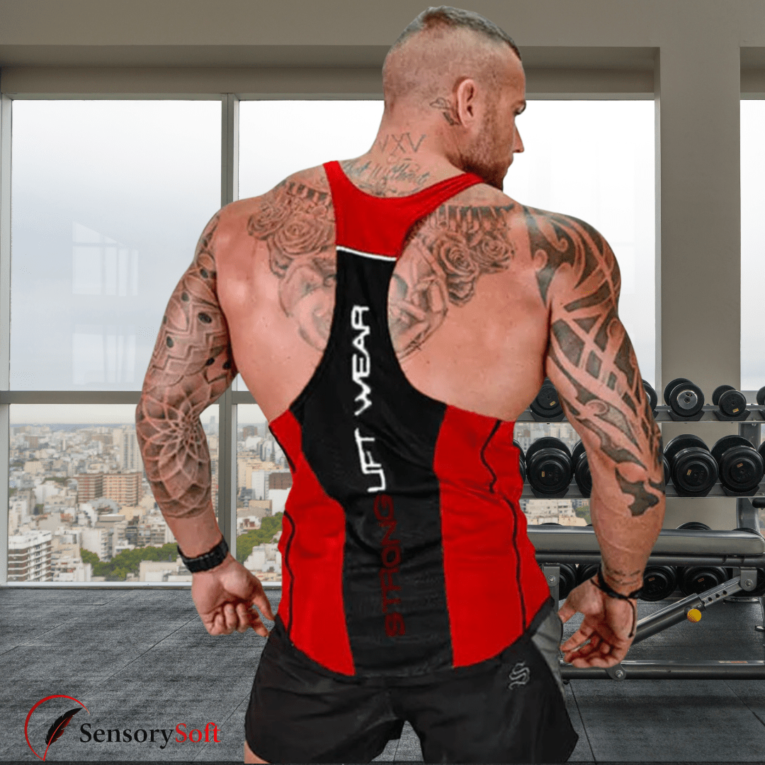Man wearing a red and black tank top with 'Lift Wear' branding in a gym setting.