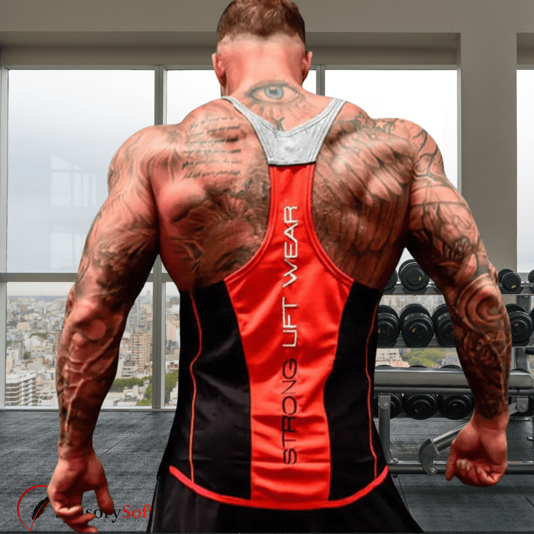 Muscular man wearing a red and black 'Strong Lift Wear' tank top in a gym setting.