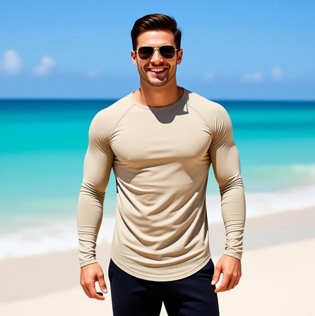 Man wearing a beige long-sleeve shirt and sunglasses on a beach
