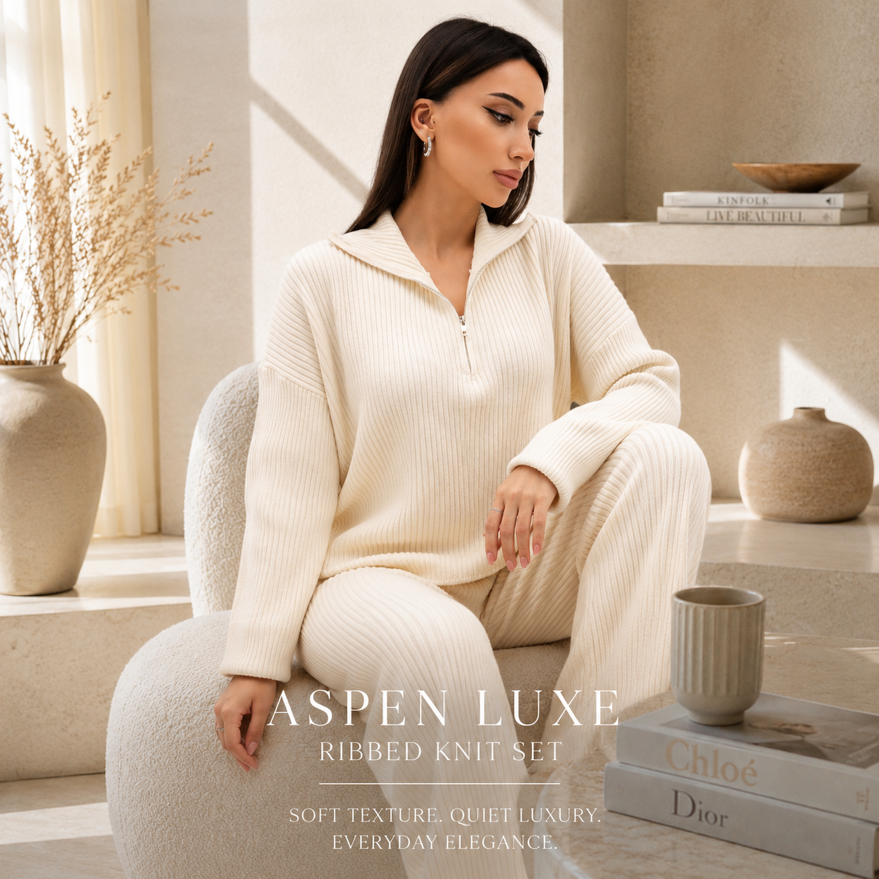 Woman wearing a ribbed knit set in a cozy room with decor elements.