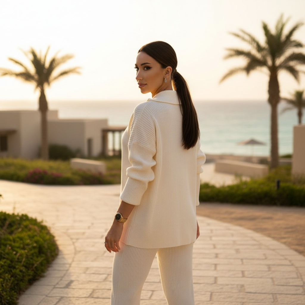 Woman in a white outfit standing on a pathway with palm trees and ocean in the background
