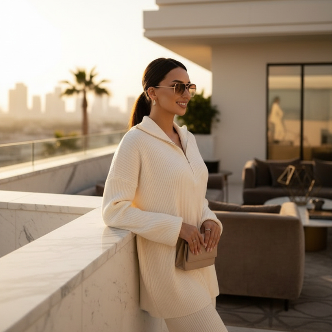 Woman in a beige outfit standing on a rooftop with a cityscape in the background