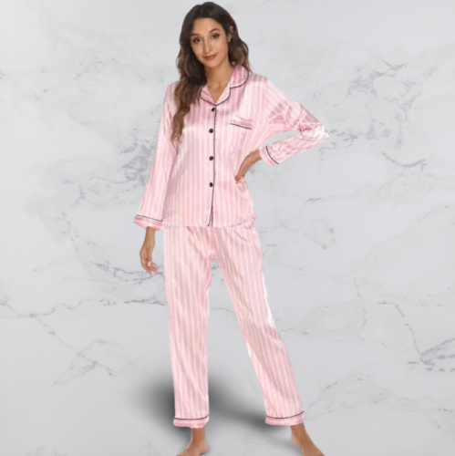 Two Piece Winter Pyjamas in Striped Satin Silk