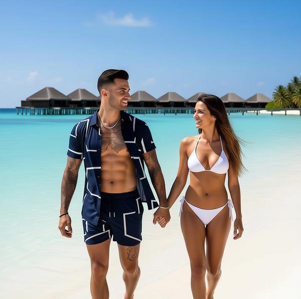 Man and woman walking on a beach with ocean and huts in the background
