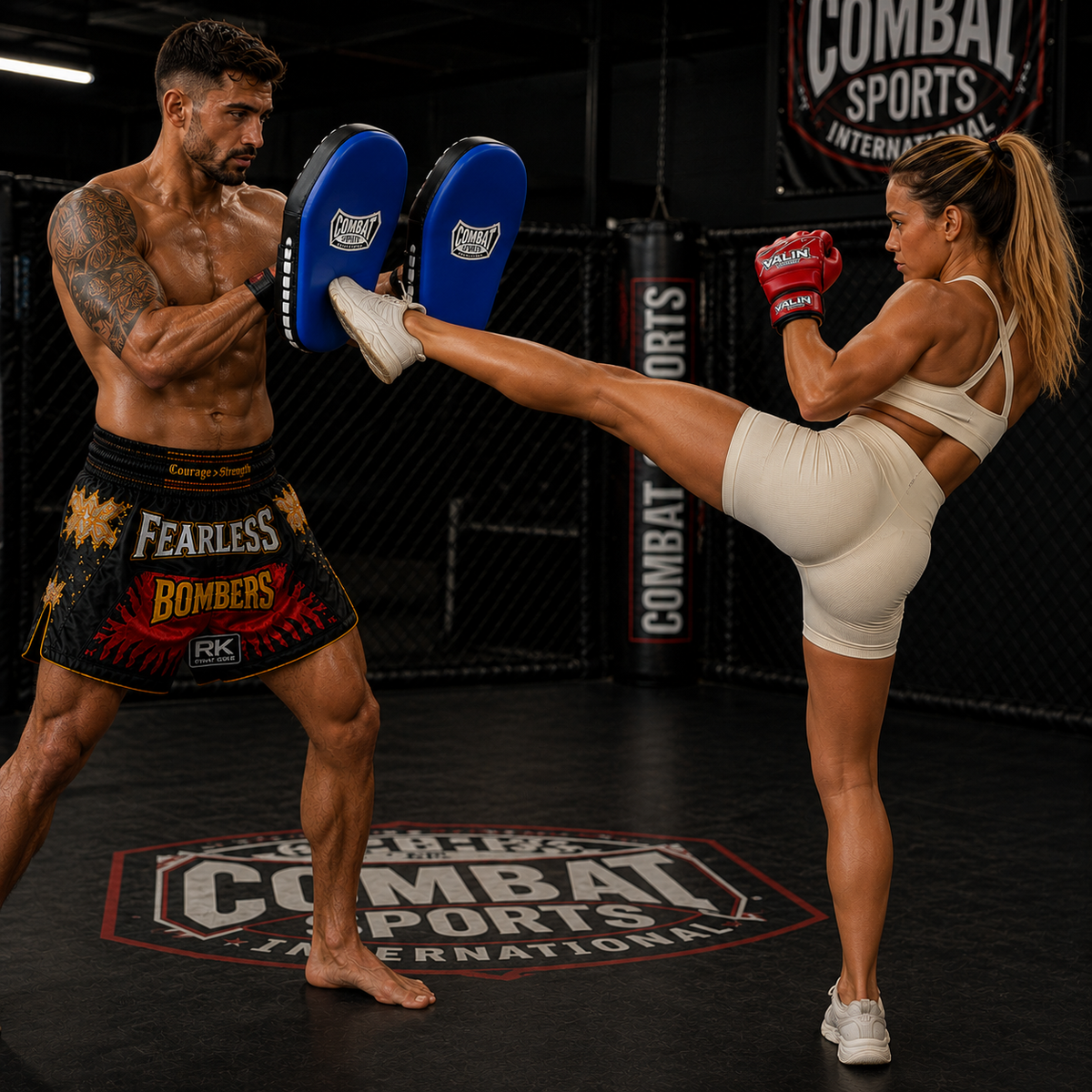 A man and a woman in a combat sports training ring. The man wears black and gold 'Fearless Bombers' shorts, while the woman wears white athletic wear and red gloves, kicking blue pads held by the man.