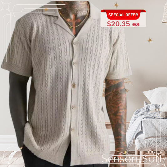 Mens Top Knitted Button Short-sleeved