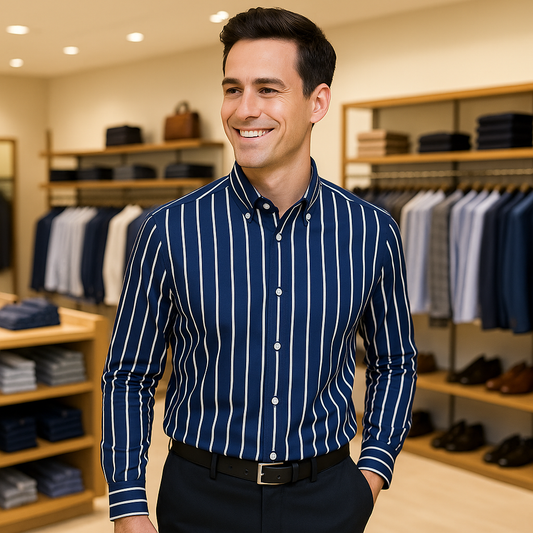 Men's Long Sleeve Striped Dress Shirt in Deep Navy Blue