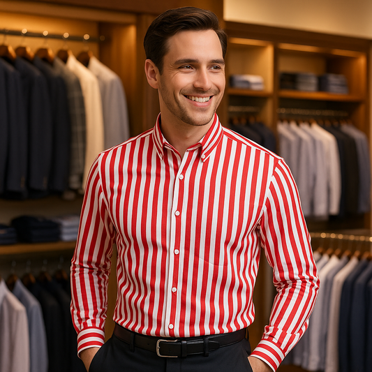 Men's Long Sleeve Striped Dress Shirt in Striking Red