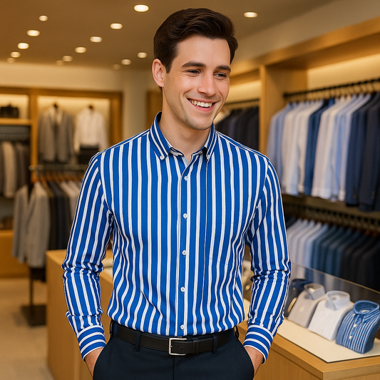 Men's Long Sleeve Striped Dress Shirt in Trendy Lake Blue