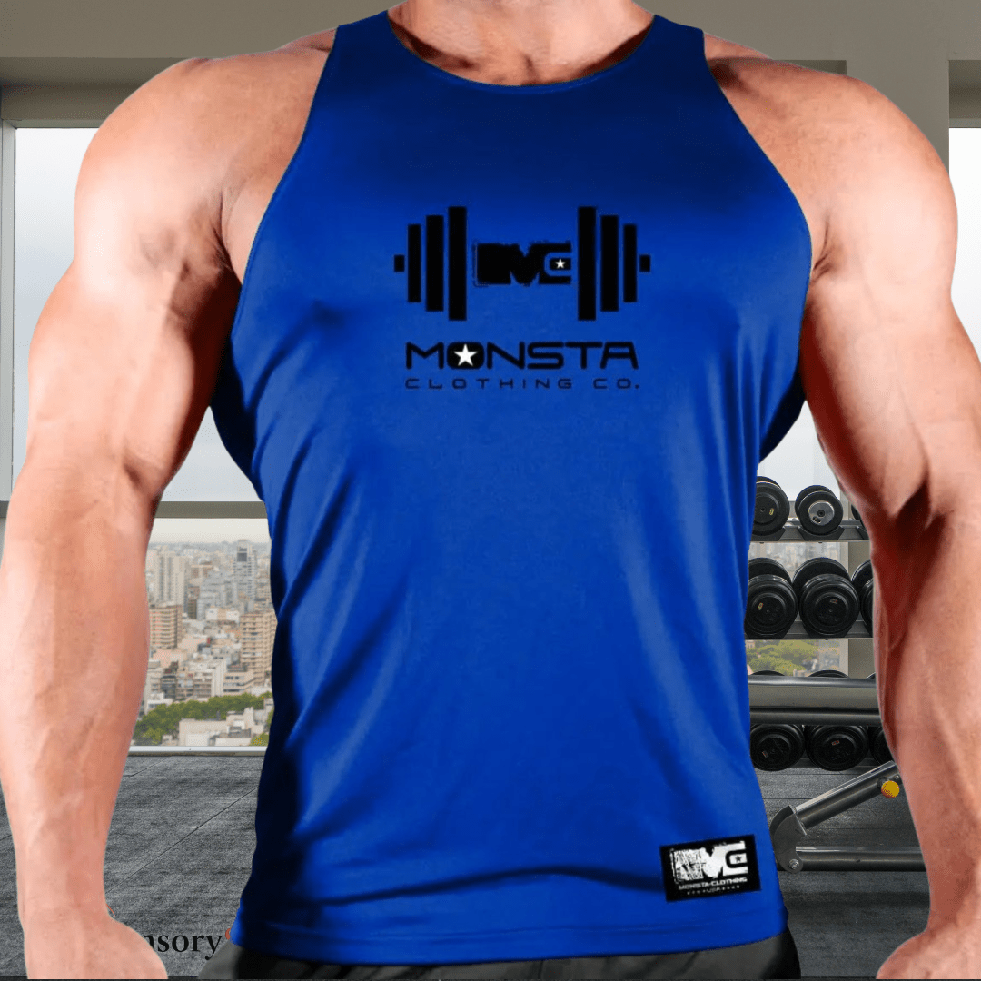 Person wearing a blue sleeveless shirt with a logo in an indoor setting