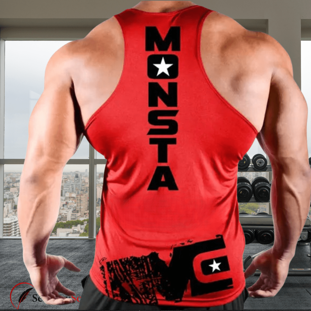 Person wearing a red tank top with 'MONSTA' branding in a gym setting